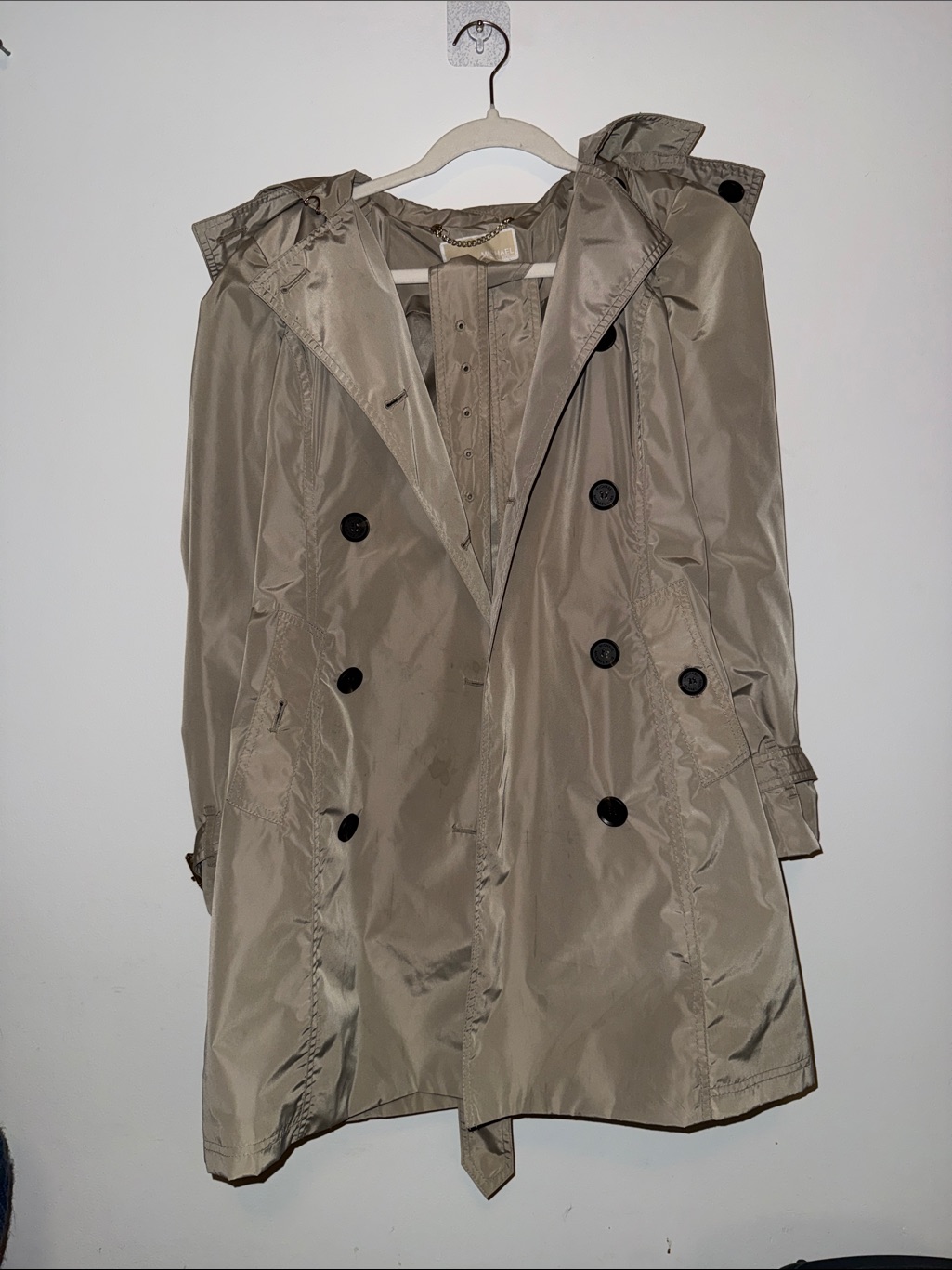 Michael Kors Beige Hooded Trench Coat W/ Gold Hardware And Matching Belt